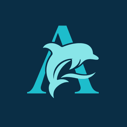 Noua pictogramă Atlantis: delfin acvamarin peste litera A, pe fundal bleumarin